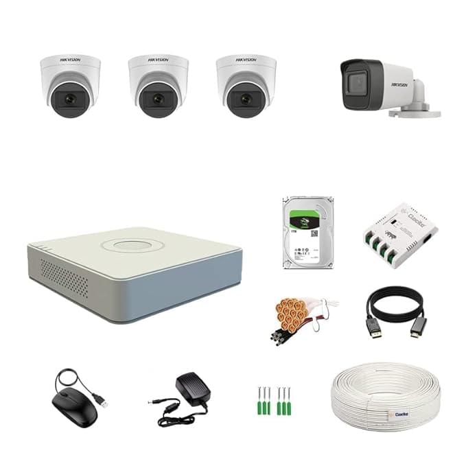 HIKVISION 4 Channel DVR with 5MP 3 Dome & 1 Bullet Cameras with Audio Recording (Day/Night Vision